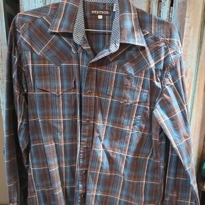 Stetson Men's Brown and Blue Plaid Button Down Shirt